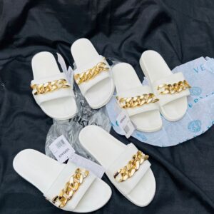 first copy versace slide sandals with gold chain embellishments