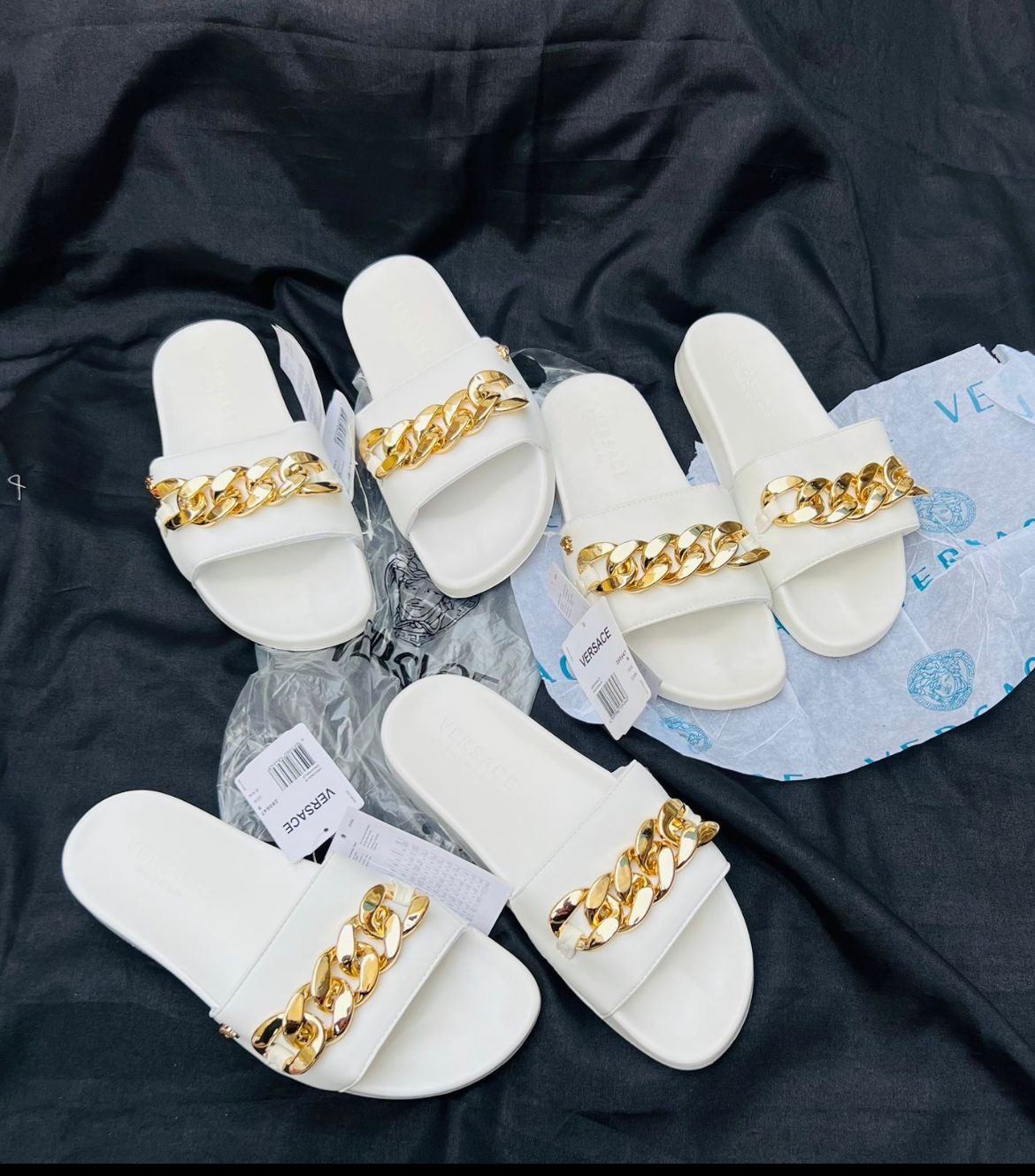 first copy versace slide sandals with gold chain embellishments