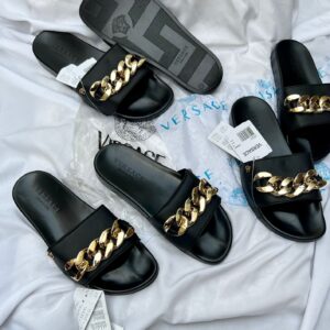 first copy versace slide sandals with gold chain embellishments